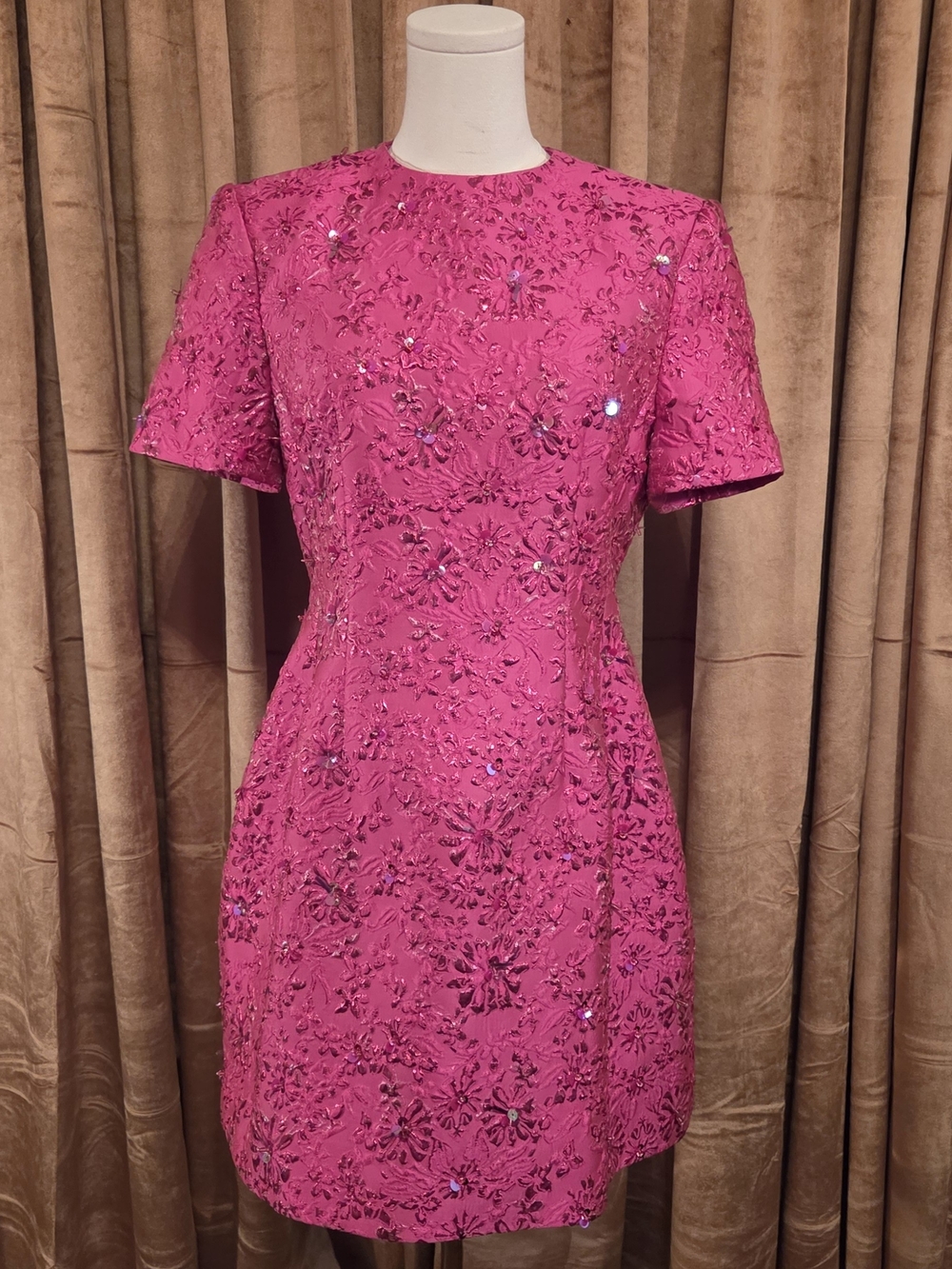 Bright Pink Aanya Embellished Short Sleeve Fit And Flare Cocktail Dress. Medium